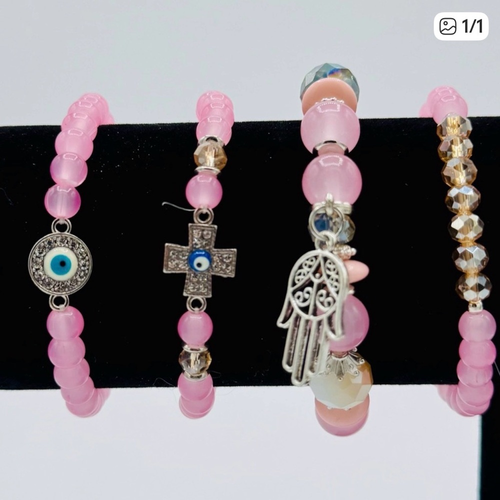 Pink Beaded Bracelet Set with Charms